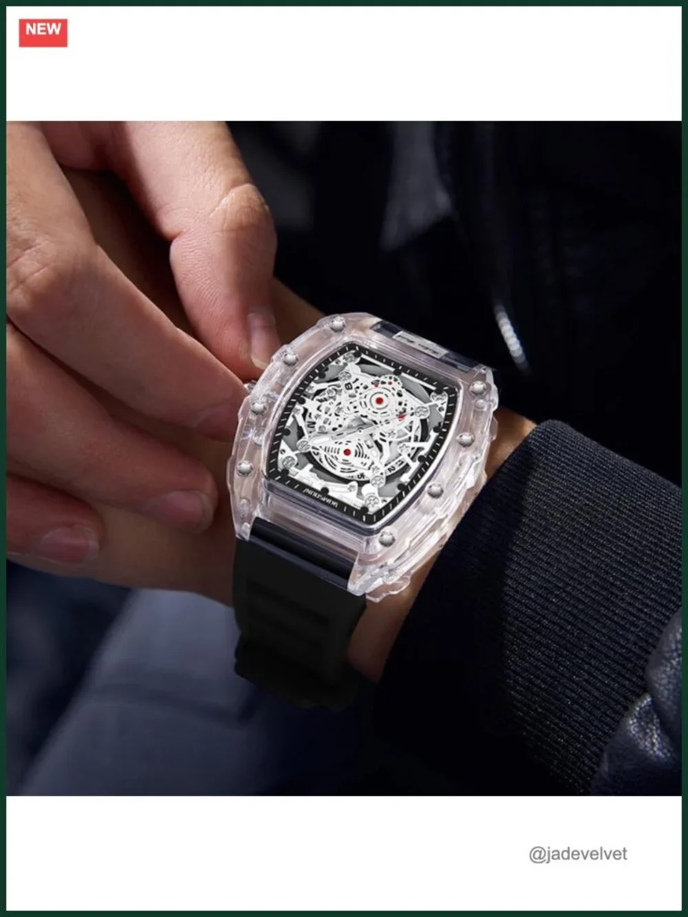 Men's Fashion Chronograph Watch Big Dial Hollowed Transparent Silicone Strap